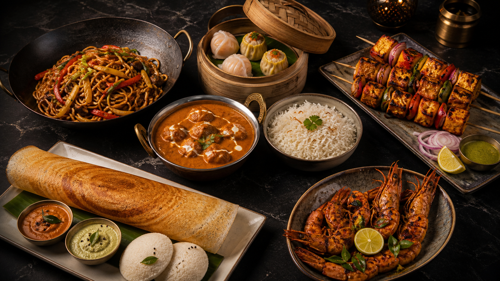A selection of Chinese, Indian, Tandoor, South Indian and seafood dishes